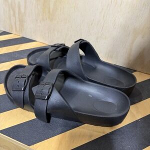 Black Double Strap Slide Sandals Womens Size 11 Buckle Comfort Casual Slip On